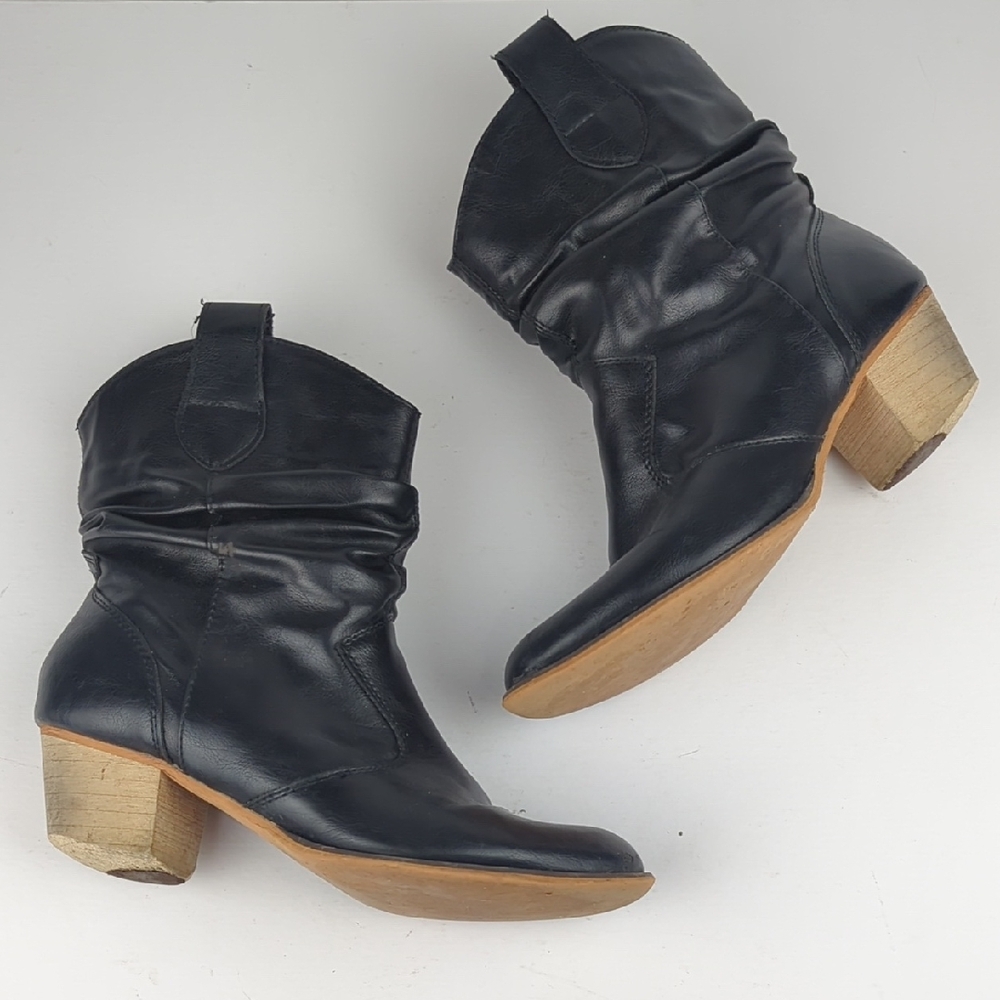 ROLLDA Women's Black Leather Scrunch Western Booties Boots